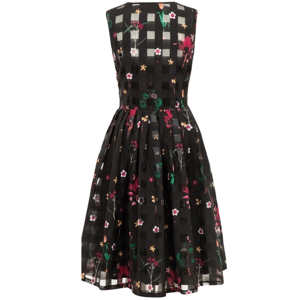 Black Floral Print Pleated Skirt Button Front Sleeveless Dress Large - Picture 6 of 16